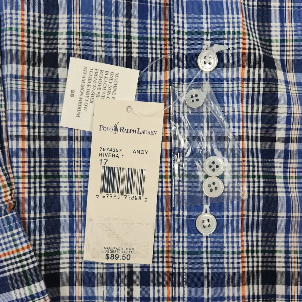 NOS Polo Ralph Lauren Shirt 17 XL Plaid Regent Classic Contrast Collar Hong Kong